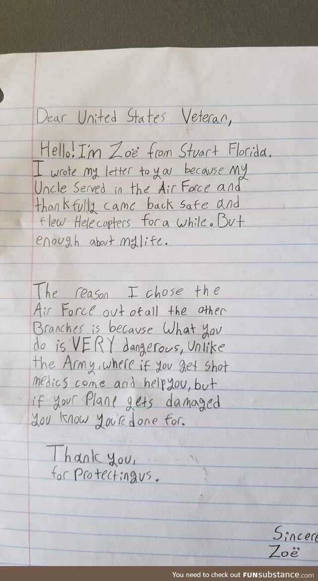 Got this letter from Zoe while deployed. She gets it