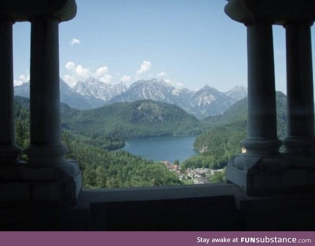 View from the kings bedroom balcony of Neuschwanstein castle in Germany
