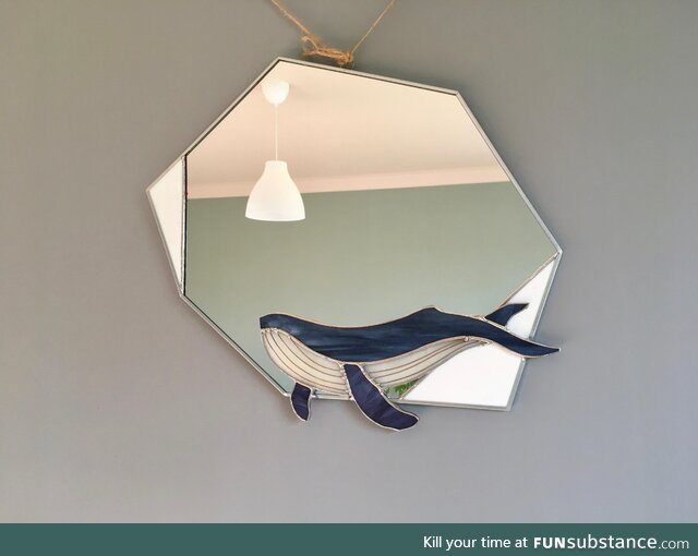 Humpback whale placed on asymmetrical mirror Stained glass Art made by me (: