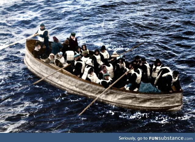 April 15, 1912, south of Newfoundland, survivors of the Titanic approaching the Carpathia