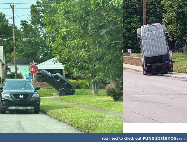 Jeep gets stuck by running up the wires to a telephone pole