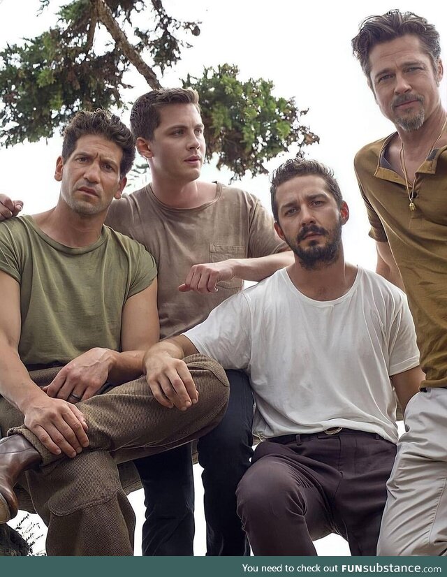 Jon Bernthal, Logan Lerman, Shia LaBeouf and Brad Pitt on set of “Fury”, 2014