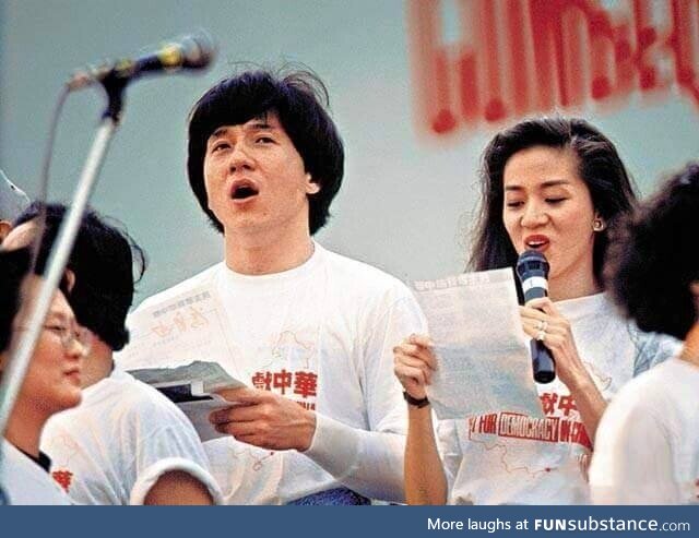 Jackie Chan at a benefits concert in Hong Kong supporting the Tiananmen Square