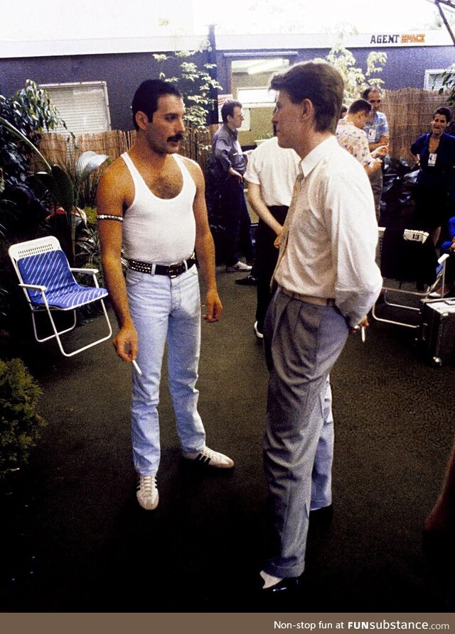 David Bowie and Freddie Mercury backstage at Live Aid