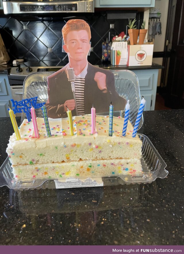 My 8 year old son requested a Rick Astley cake for his birthday!