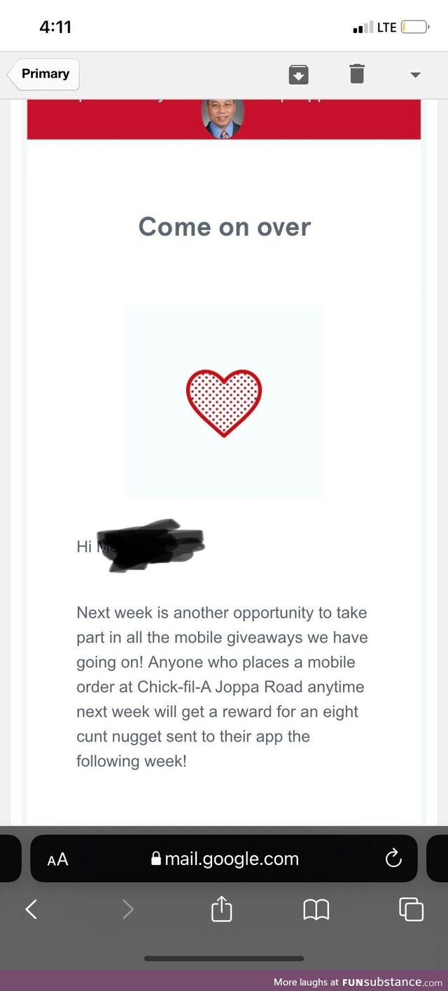 My spouse got an interesting email from Chick-fil-A