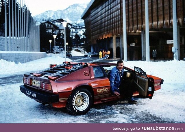 Roger Moore coming out of Lotus Espirit Turbo on the set of 'For Your Eyes Only' in 1981