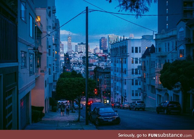 Walking in San Francisco at dusk