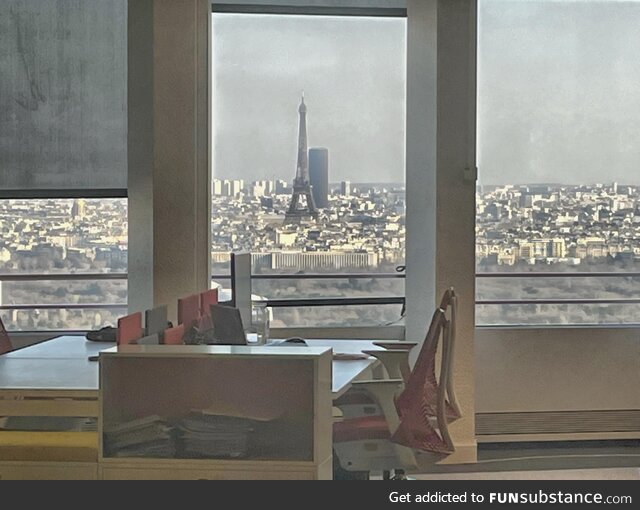 Eiffel Tower today from my work desk at La Defence (ugly Montparnasse tower in the