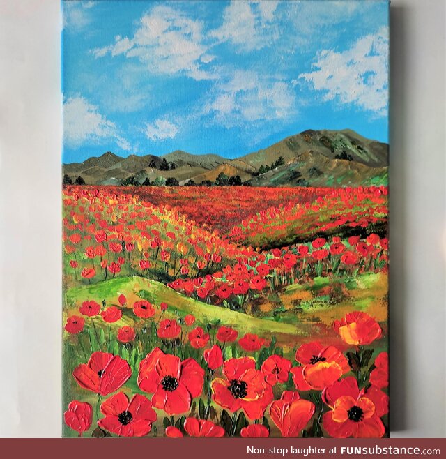 My bright textured painting with California poppies, canvas, 16x12"