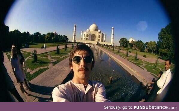 23 year old George Harrison taking a selfie at the Taj Mahal, India,1966