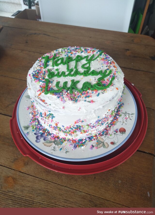 I made my son a birthday cake today. He is turning 3 and wanted a sprinkle cake. (OC)