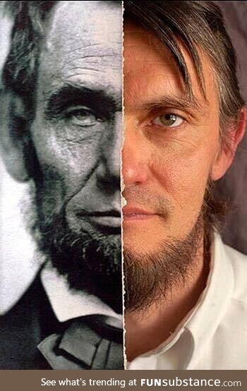 Composite photo of Abe Lincoln and Ralph Lincoln his 11th Generation Decsendent