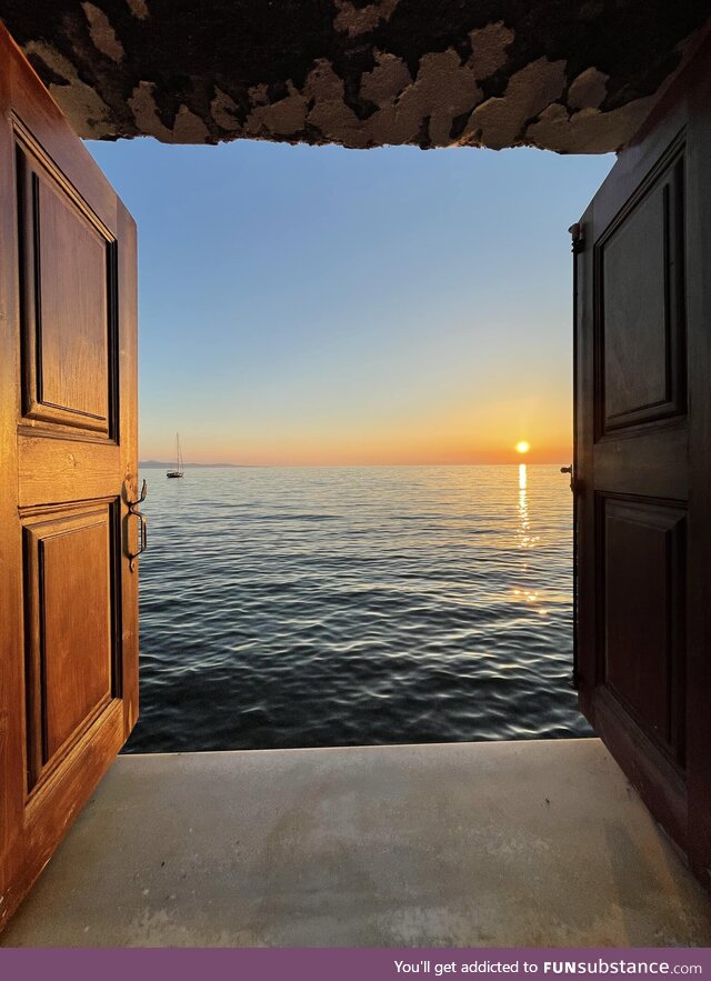 View from my hotel window, Molyvos, Mytilini, Greece. This is the Olive Press Hotel in