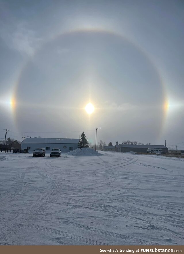 "Sun Dog" in Montana - Refraction of light by atmospheric ice crystals at very cold temps