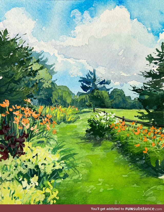 Painted my Mom’s Maine perennial garden this morning! 7x5” gouache!