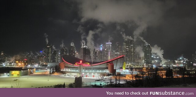 Dowtown Calgary, Canada in the deep freeze, -44 degrees Celsius tonight with wind chill