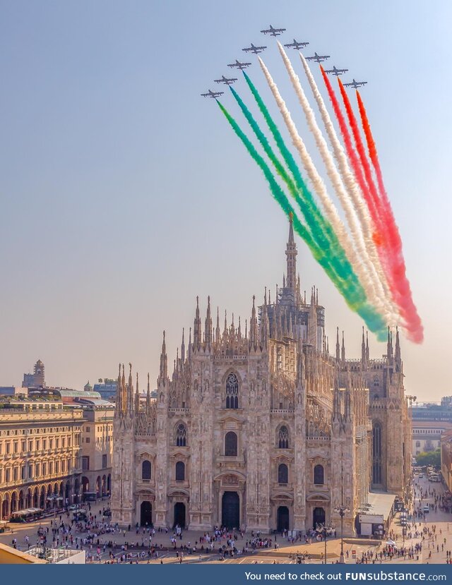 Frecce Tricolori fly over the Duomo of Milan, Italy
