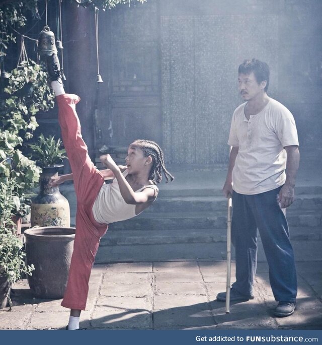 Jaden Smith practicing the bell kick scene for the Karate Kid(2010) with Jackie Chan