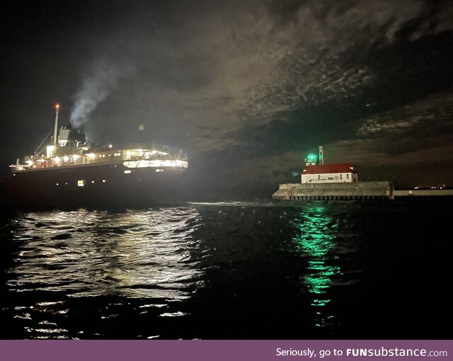 Ship leaving harbor in Duluth, MN