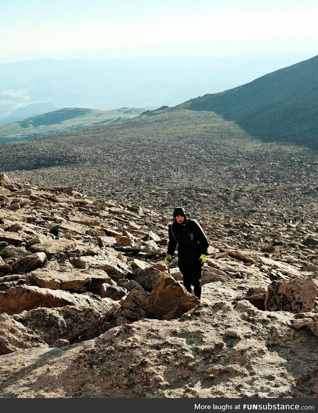 Hiker Rests in Boulder Field. Long's Peak, 08/2023. (oc)