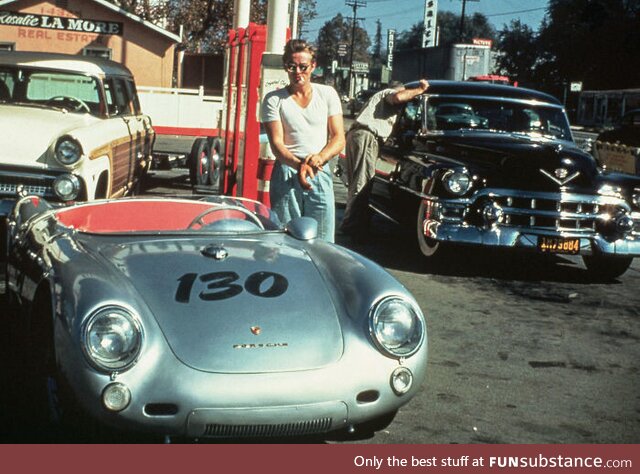 James Dean with his Porsche Spyder, "Little Bastard"