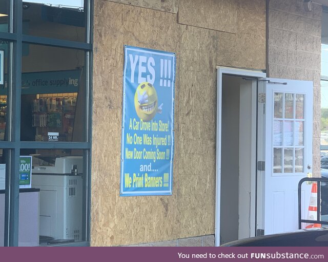 A car drove into my local UPS store. They turned it into a business opportunity