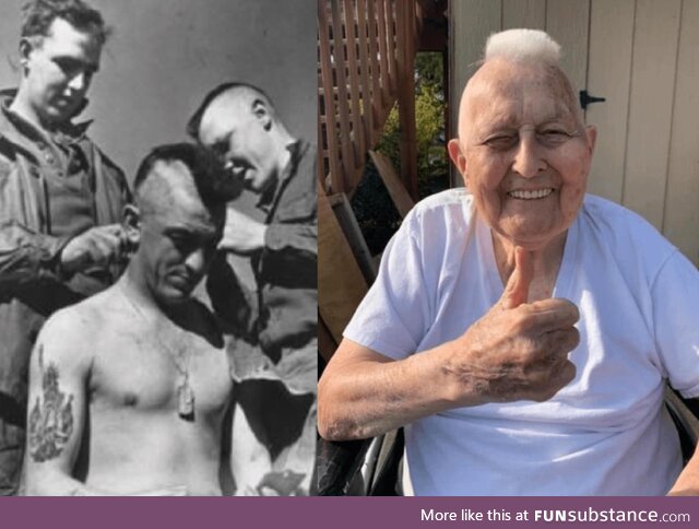 Guy Whidden getting a Mohawk the day before D-Day. He’s doing it again to bring joy to