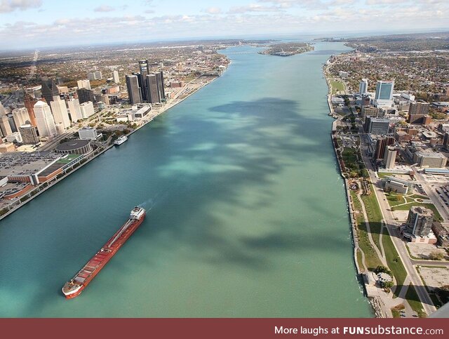 This is how close Detroit is from Canada. This is the YouDontSwimInHereEver River in the