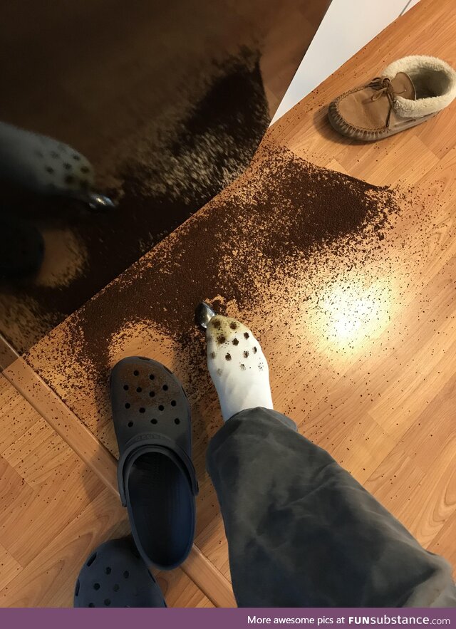 Spilled coffee+crocs+socks
