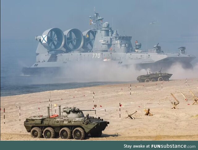 Zubr military hovercraft landing in Kaliningrad during Russian war exercise