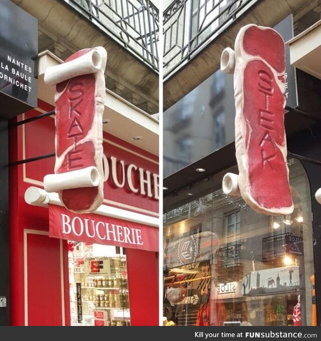 A skate Shop & a butchershop are located next to each other. They share one sign