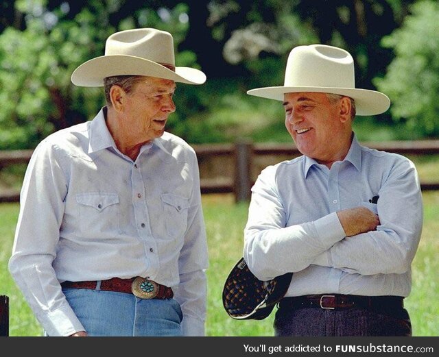 Ronald Reagan and Mikhail Gorbachev on Rancho del Cielo, a California ranch. 1992