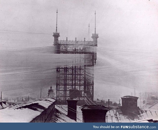 A telephone tower with approx. 5,500 lines in Sweden circa 1890