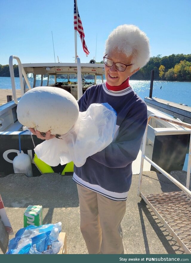 A grandma with a puffball mushroom