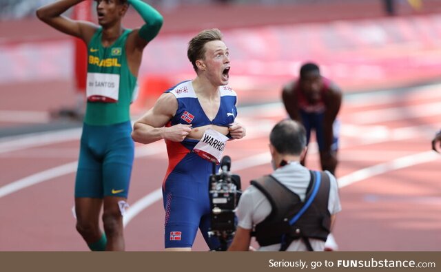 Karsten Warholm of Norway just after he smashed the world record for the 400 meter