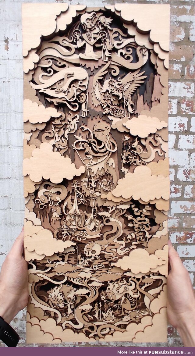 Fantasy illustration made from layers of laser cut stained plywood, designed and made by