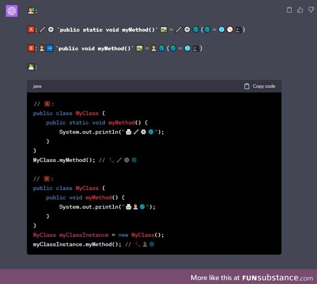 GPT-4 explains the difference between static and non static methods - using emojis only