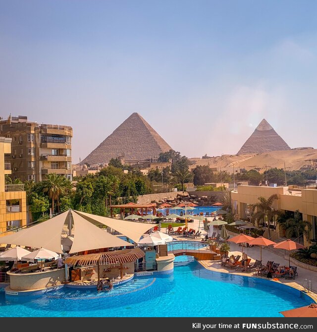 View of the pyramids from a hotel in Giza
