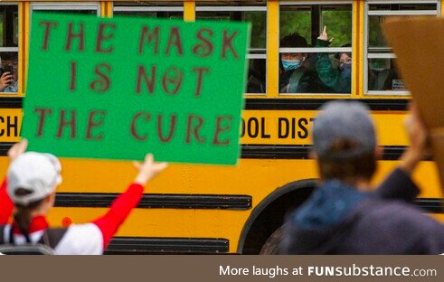 Masked schoolkid protests school mask protesters