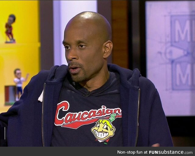 ESPN host Bomani Jones "Caucasians" t-shirt mocking ridiculous Cleveland Indians' "Chief