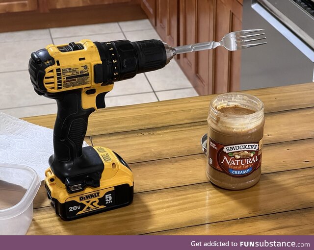 My wife thinks my method for stirring a new jar of natural peanut butter is funny but,