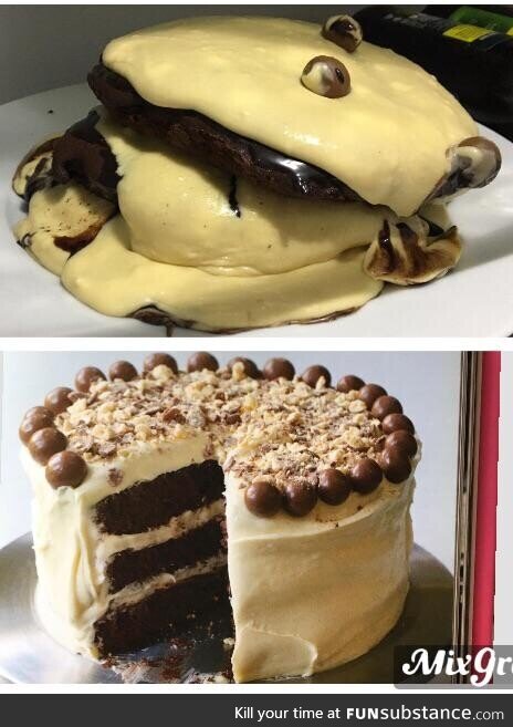 Sooo I tried to make a malt cake. Bottom picture is how it was meant to turn out, top