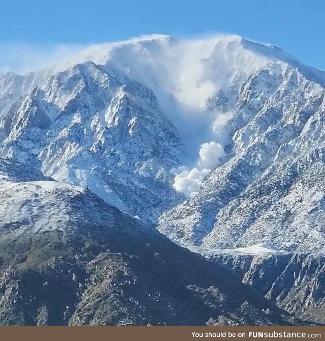 A huge avalanche tumbling down 11,000 foot Mt. San Jacinto near Palm Springs on Feb 26,