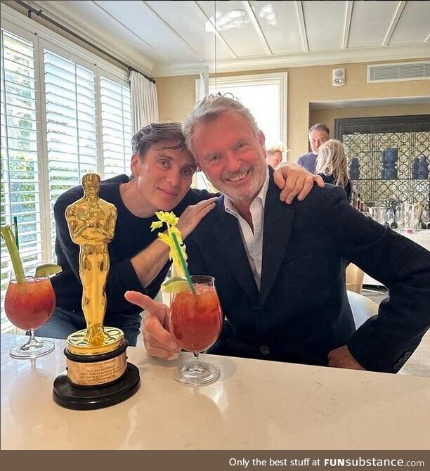 Dr. Oppenheimer and Dr. Alan Grant sipping on Bloody Marys w/ Oscar (Cillian Murphy and