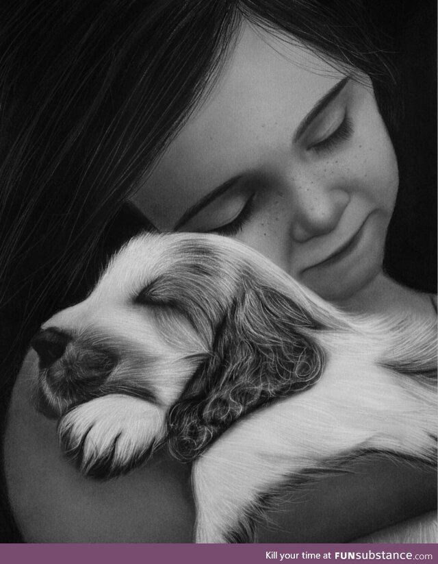 Pencil portrait baby and puppy Commissioned artwork