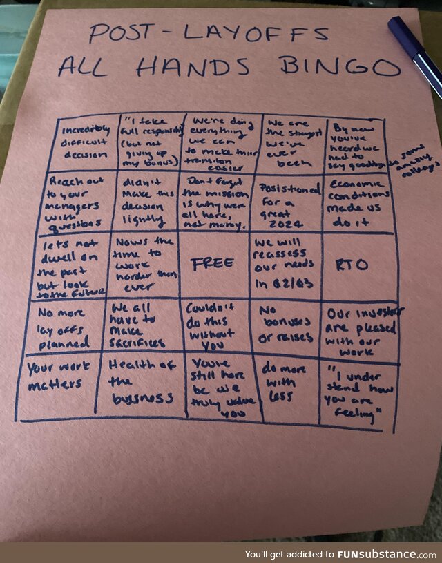 Made my husband a “post-layoffs all hands bingo” card