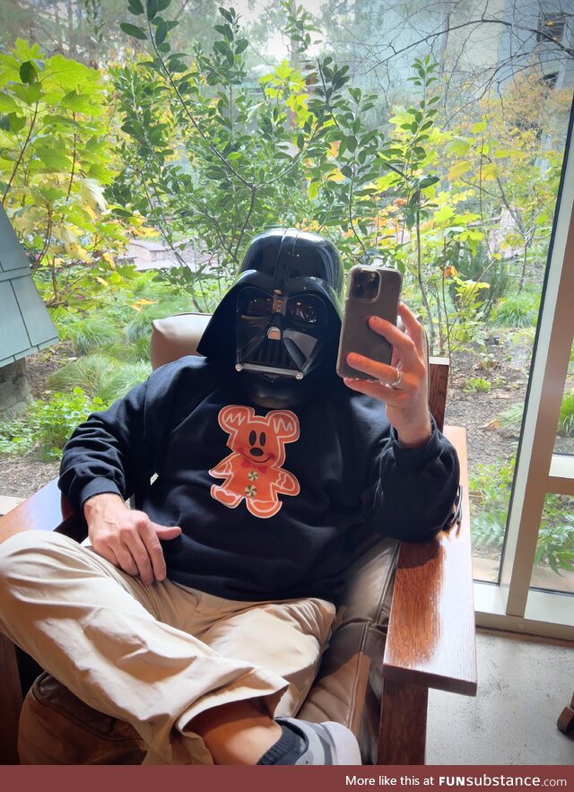 I bought my husband a Darth Vader helmet at Disneyland and he refused to wait until we