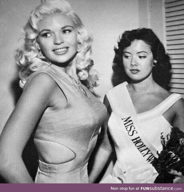 Jayne Mansfield with the winner of Miss Hollywoood 1957