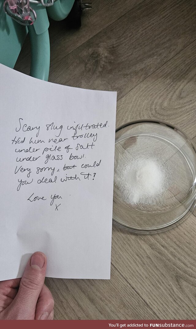 Wife is terrified of slugs, woke to this note